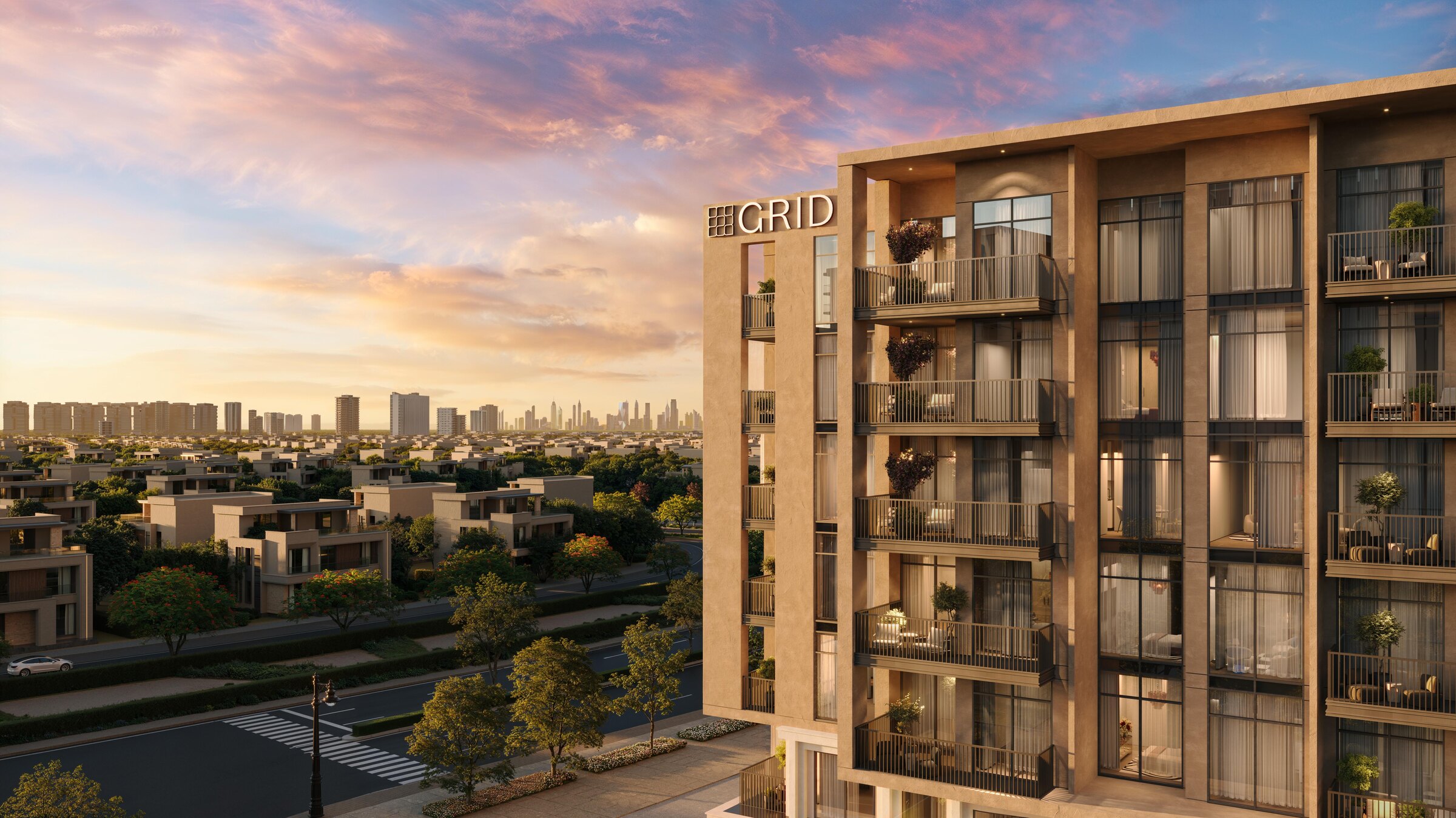 Aris building exterior at sunset