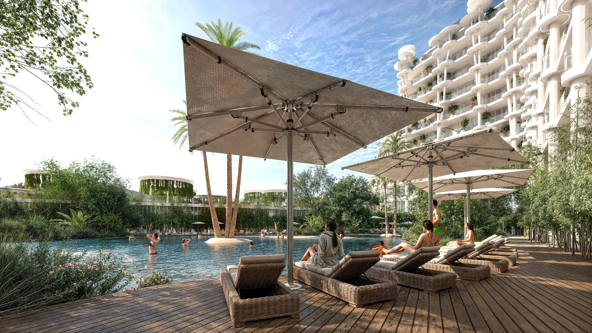 Sakura Gardens: sun loungers and parasols by the lagoon pool