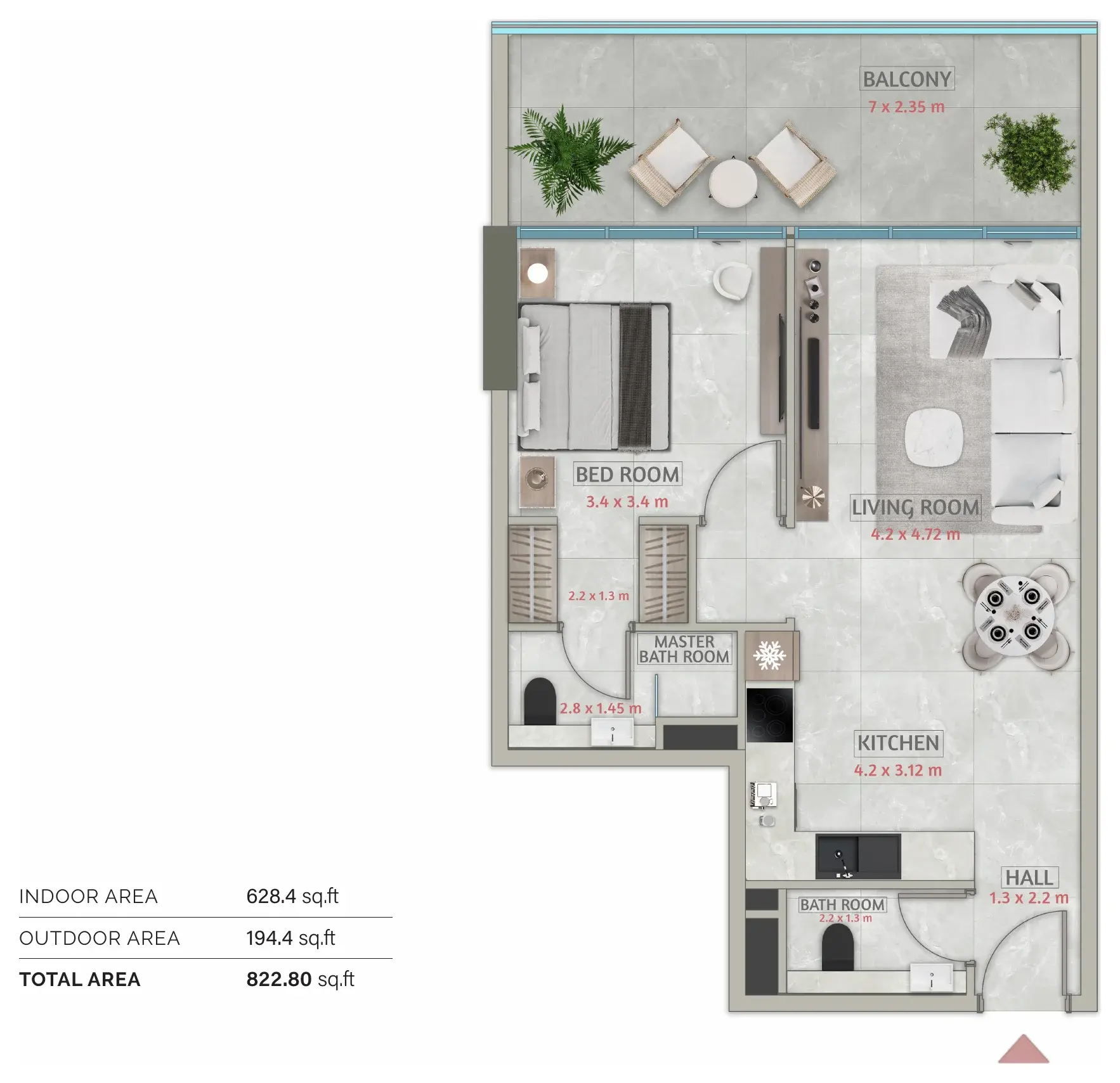 Sakura Gardens: one-bedroom floor plan, Tower A, type 1BHK - T01, 822.80 sq ft in total