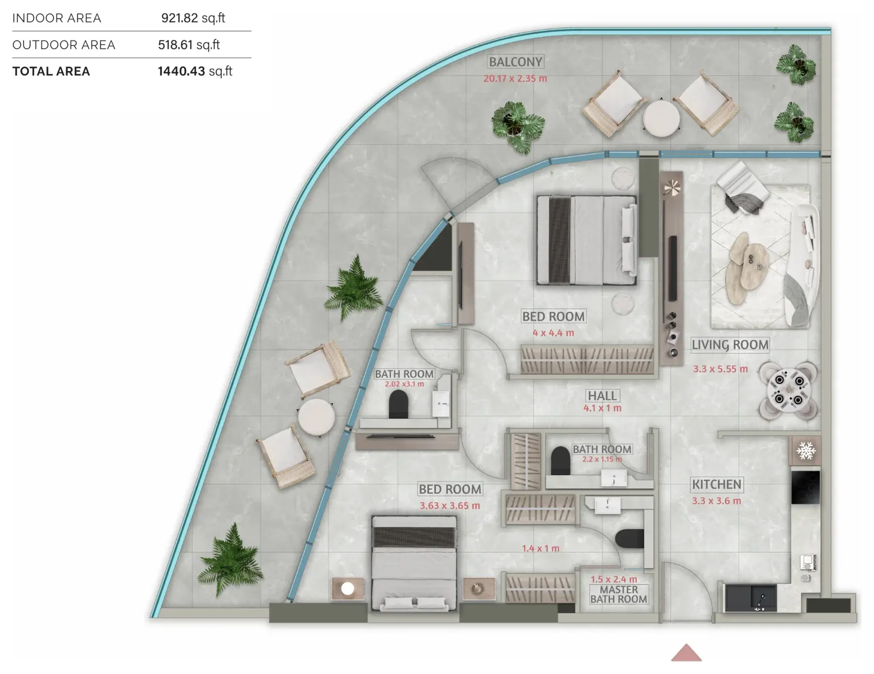 Sakura Gardens: two-bedroom floor plan, Tower A, type 2BHK - T08, 1,440.43 sq ft in total