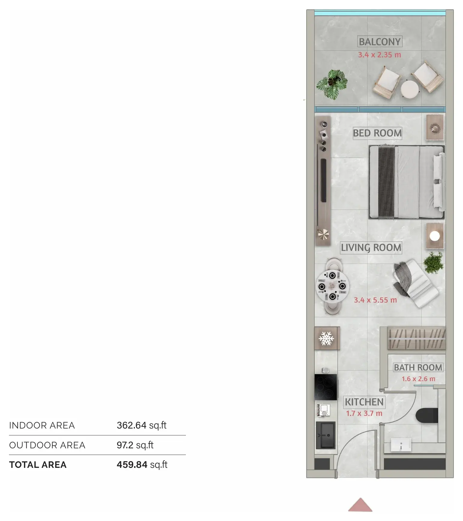 Sakura Gardens: studio floor plan, Tower A, type STUDIO - T01, 459.84 sq ft in total
