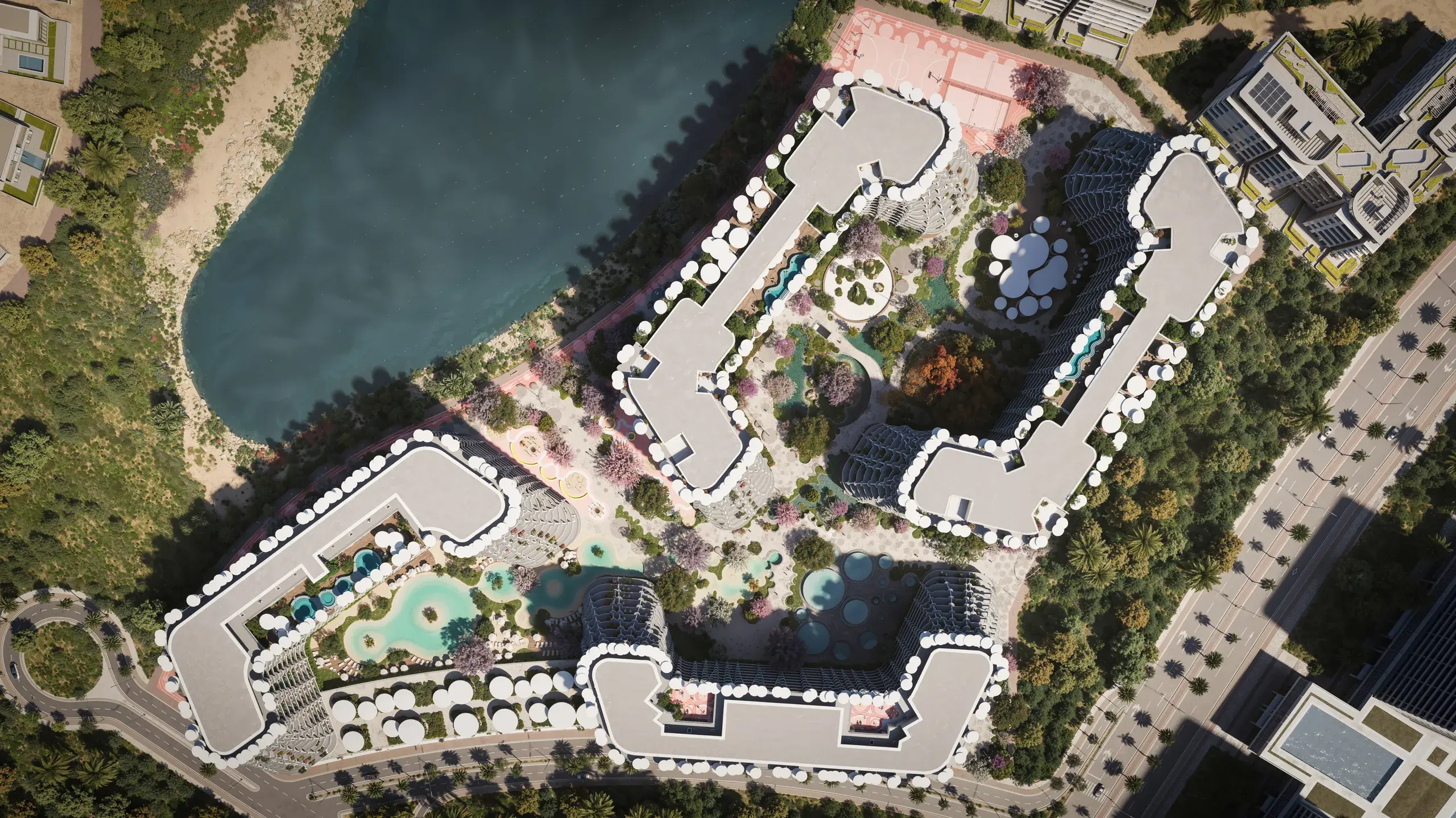 Sakura Gardens: aerial view of the four blocks around the lagoon