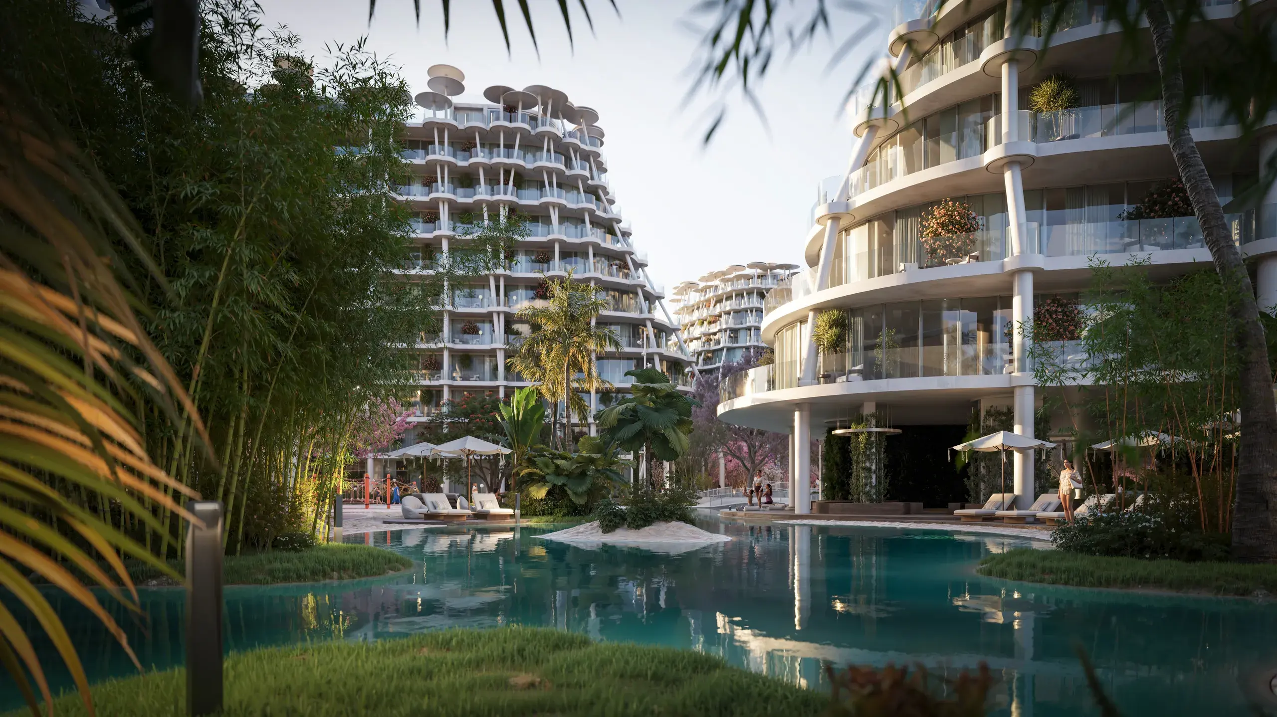 Sakura Gardens: the pool and garden with the curved terraces behind