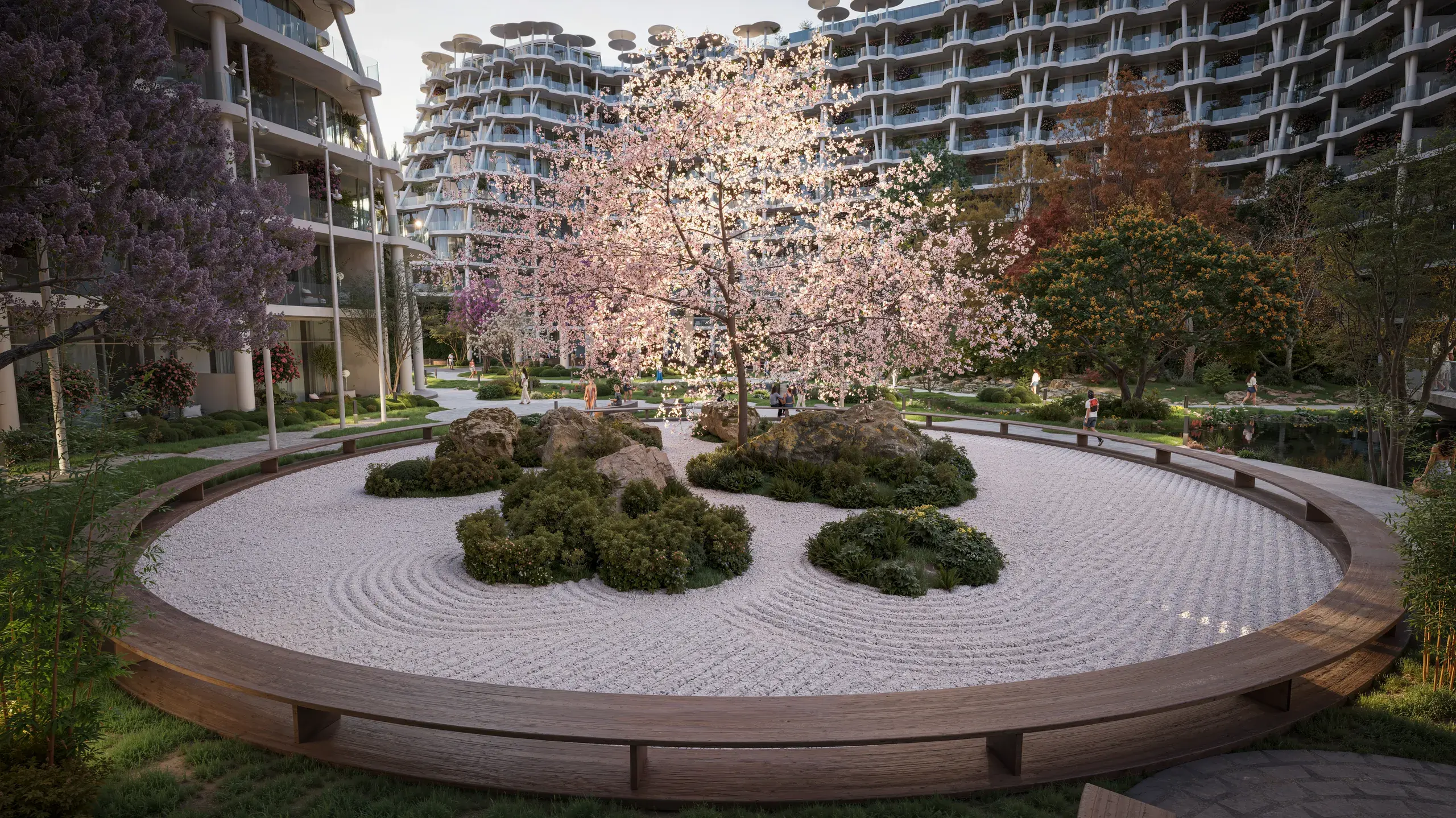 Sakura Gardens: a round raked-gravel garden with a blossom tree